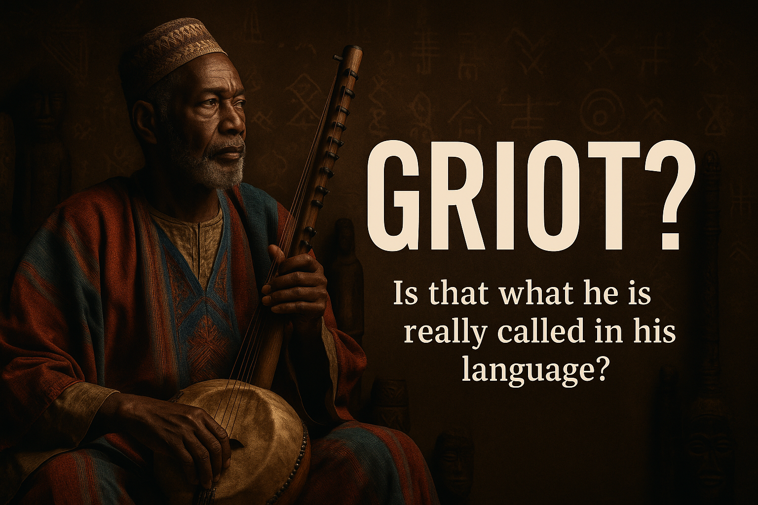 Elderly West African oral historian holding a traditional kora instrument, with the caption “Griot? Is that what he is really called in his language?”